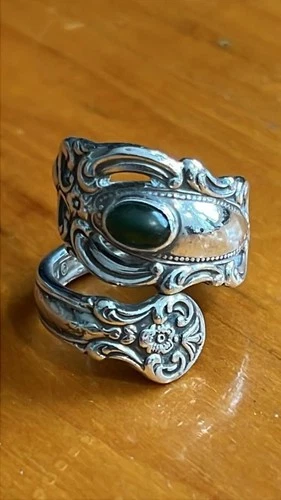 Vintage Towle Sterling Silver Spoon Ring Green Stone sz 5 1/2