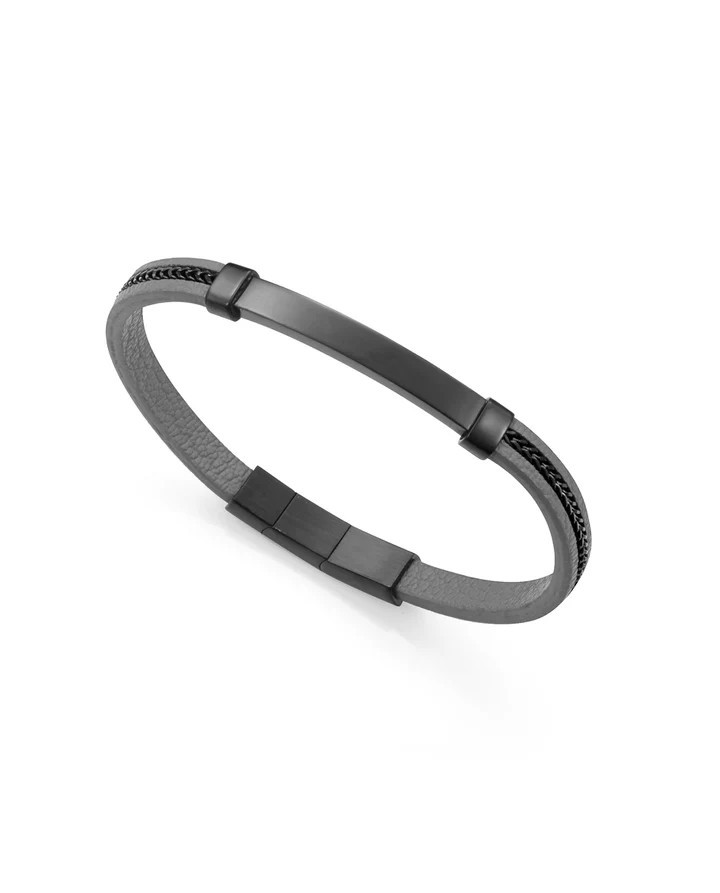 Pulsera de Hombre de Acero IP Negro y Piel Gris Oscura con Cadena y Placa