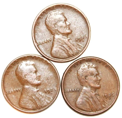 (3) Lincoln Cents - 1925D(Fine) 1926D(Fine) 1926S(Fine) - #1820E - FREE SHIPPING