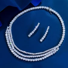 Round Cubic Zirconia Long Multi Layer Tennis Necklace Earrings CZ Jewelry Set