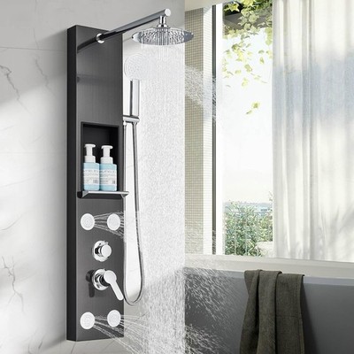 Duschpaneel Edelstahl Duschsystem Schwarz Regendusche Massage Duschset mit Regal