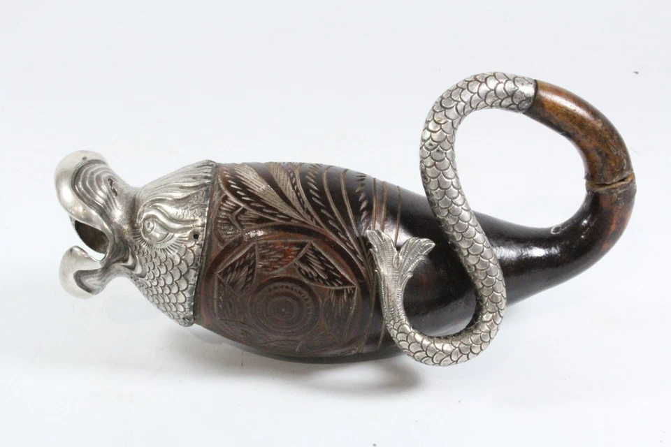 18th Century Spanish Colonial Silver Mounted & Carved Fish Form Flask - image 2 of 4