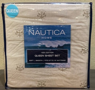 NAUTICA Deckhand Pinstripe Logo Anchor Crest Cotton QUEEN Sheet Set Taupe/White