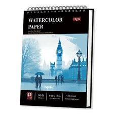 1Pk 9x12 Watercolor Sketchbook, 32 Sheets, 140lb 300GSM, Cold Press, Paper