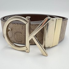 Calvin Klein CK Logo Leather Belt White Brown Silver Buckle Signature Pattern