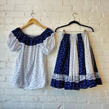 Vintage 80s Square Dance Top  Skirt Set Bow Print Size Small