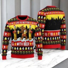 Bigfoot Christmas Beer Ugly Sweater, Funny Sasquatch Drinking Xmas Top