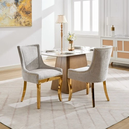 Chenille Dining Chairs Set of 2 Modern Style with Curved Gold - Plated Legs
