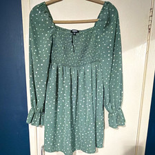 Missguided Petite Green & White Polka Dot Smock Dress Long Sleeve UK 8