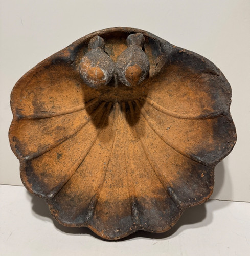 Vintage Small Rustic Bird Bath Shell Shaped Two Birds Concrete