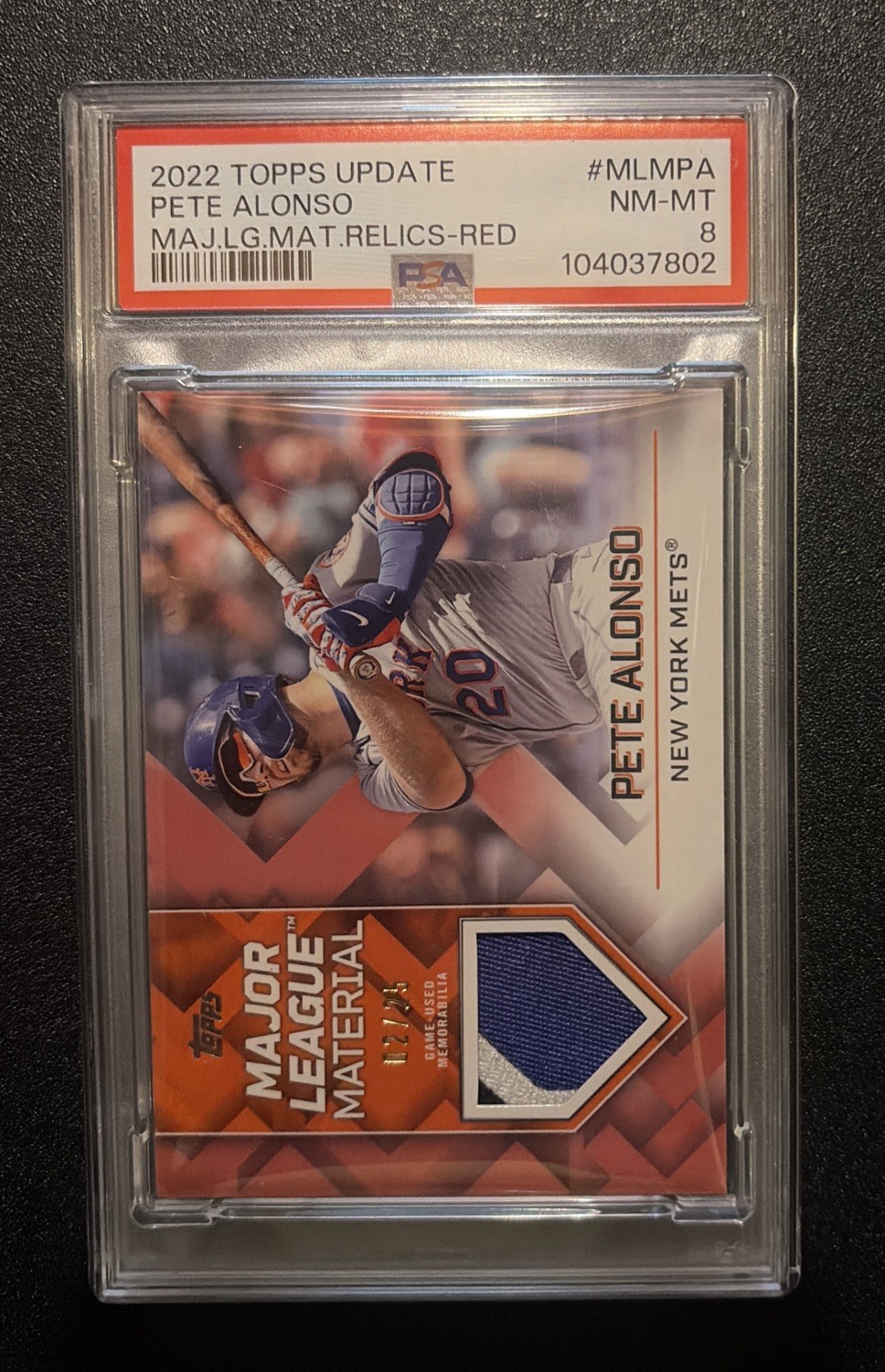 2022 Topps Update Major League Material Pete Alonso #MLM-PA Red 2/25 Relic PSA 8