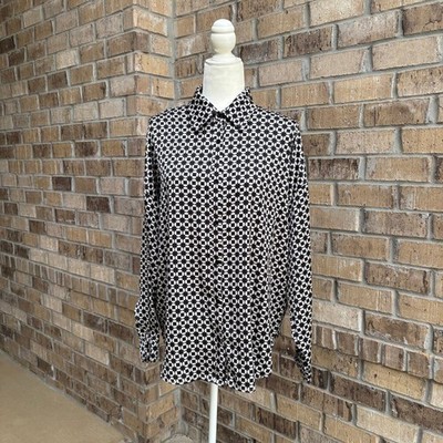 Three Pears Blouse Womens Sm Black White Geometric Button Front Long Sleeve Top