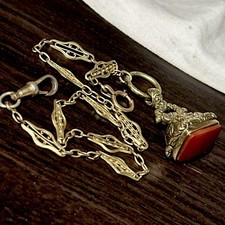 Georgian Ornate Huge Pinchbeck Gold Gilt Carnelian Fob French ORIA GF Chain
