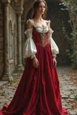 Vintage Corset Long EveningDress Spaghetti Off Shoulder FullSleeve Dark Red vory