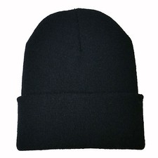 Black Knit Beanie with Cuff Ski Cap Skull Hat Warm Outdoor Sports Solid Wing