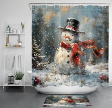 Retro Cute Xmas Snowman Winter Holiday Shower Curtain Bathroom Accessories Set