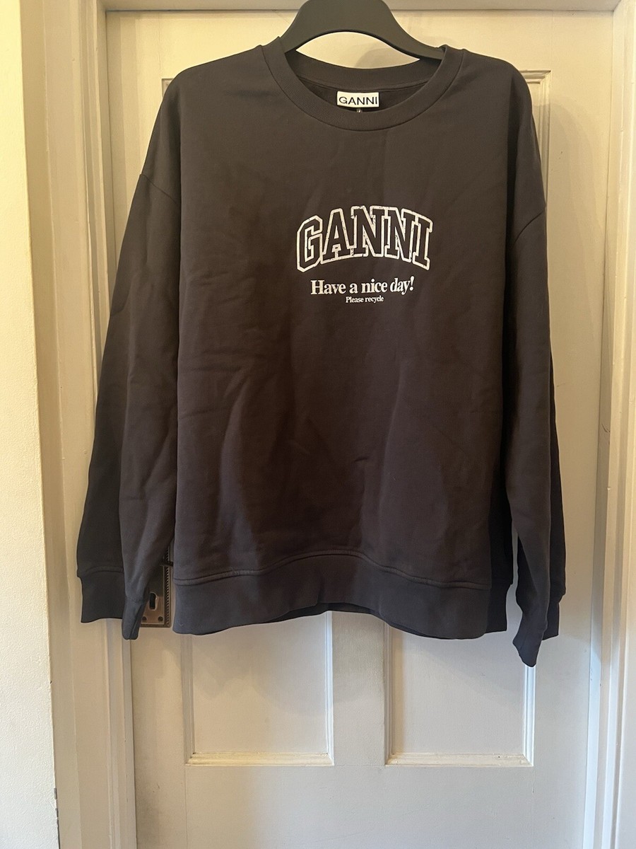 New GANNI “Have A Nice Day! Please Recycle” Logo Crewneck Sweatshirt  ,2XL/3XL