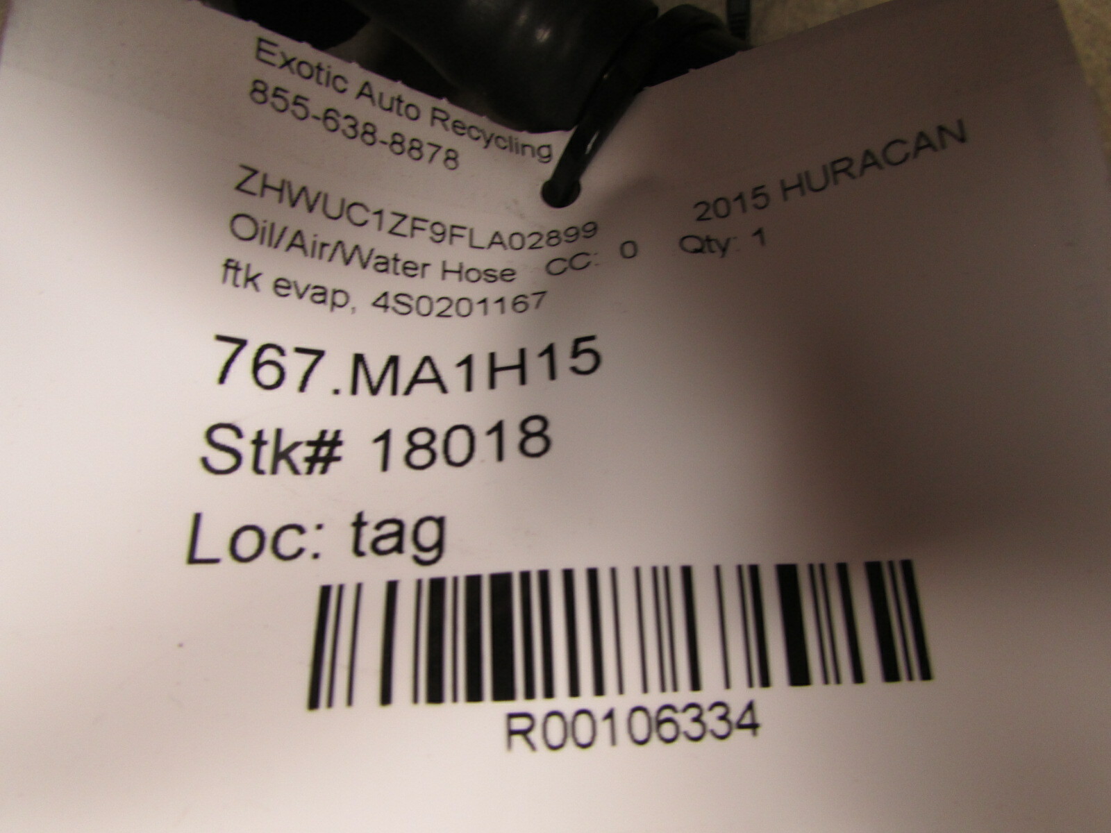 Lamborghini Huracan, Fuel Tank Evaporator Hose, Used, P/N 4S0201167