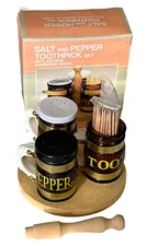 Vintage 1989 Four Star Salt Pepper Toothpick Set & Stand Amber Glass Barrels