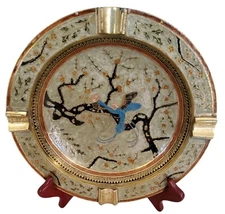 Vintage Large Brass Cloisonne Enamel Cigar Table Ashtray Bird Motif 10" MCM