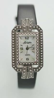 Lexington Damen Uhr Schwarz Leder Edelstahl Silber Wasserfest MOP Quarz