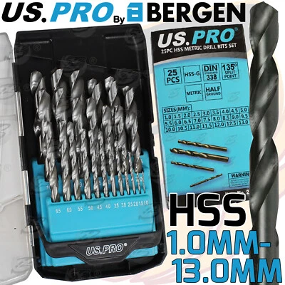 US PRO HSS METAL Drill Bit Set 25pc 1mm - 13mm Metric DIN338 135° Drills Bits HD