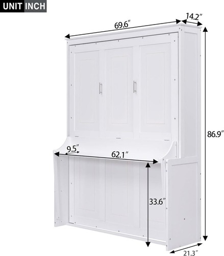 Queen/Full Murphy Wall Bed Frame Foldable Platform Bed w/Combo Or Side Cabinets - Picture 24 of 57