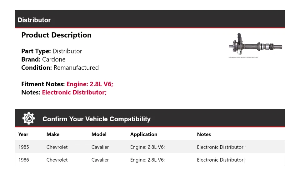 For 1985-1986 Chevrolet Cavalier 2.8L V6 Distributor Cardone - Image 2 of 4