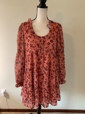 PEACH LOVE Women Size L Orange Floral Scoop Neck Long Sleeve A Line Dress