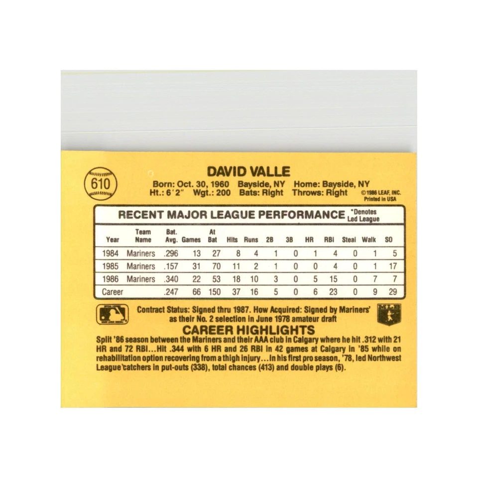 1987 Donruss Dave Valle Baseball Cards #610 - Image 2 of 3