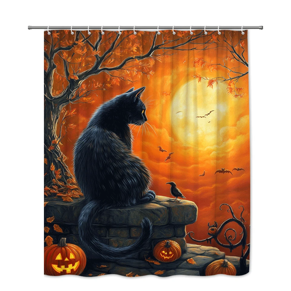 1 pieza Halloween Gato Negro Calabaza Luna Cortina de Ducha, Bruja Gótico Otoño Tema Foto 2 de 4