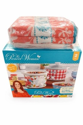 The Pioneer Woman Sweet Rose & Gingham 1.5 qt Slow Cooker Set of 2, Keep Warm