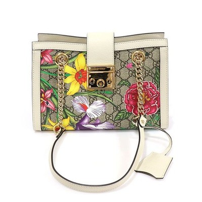 Gucci 498156 GG Supreme Canvas White FLORA Flower Padlock Small Chain 157302947