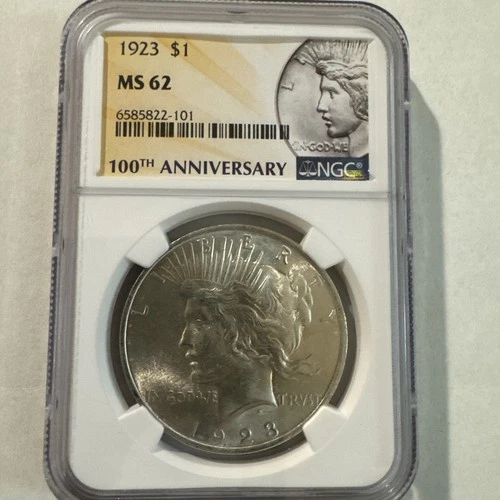 1923 $1 Peace Silver Dollar MS62 NGC Special 100 Anniversary Label Very Nice