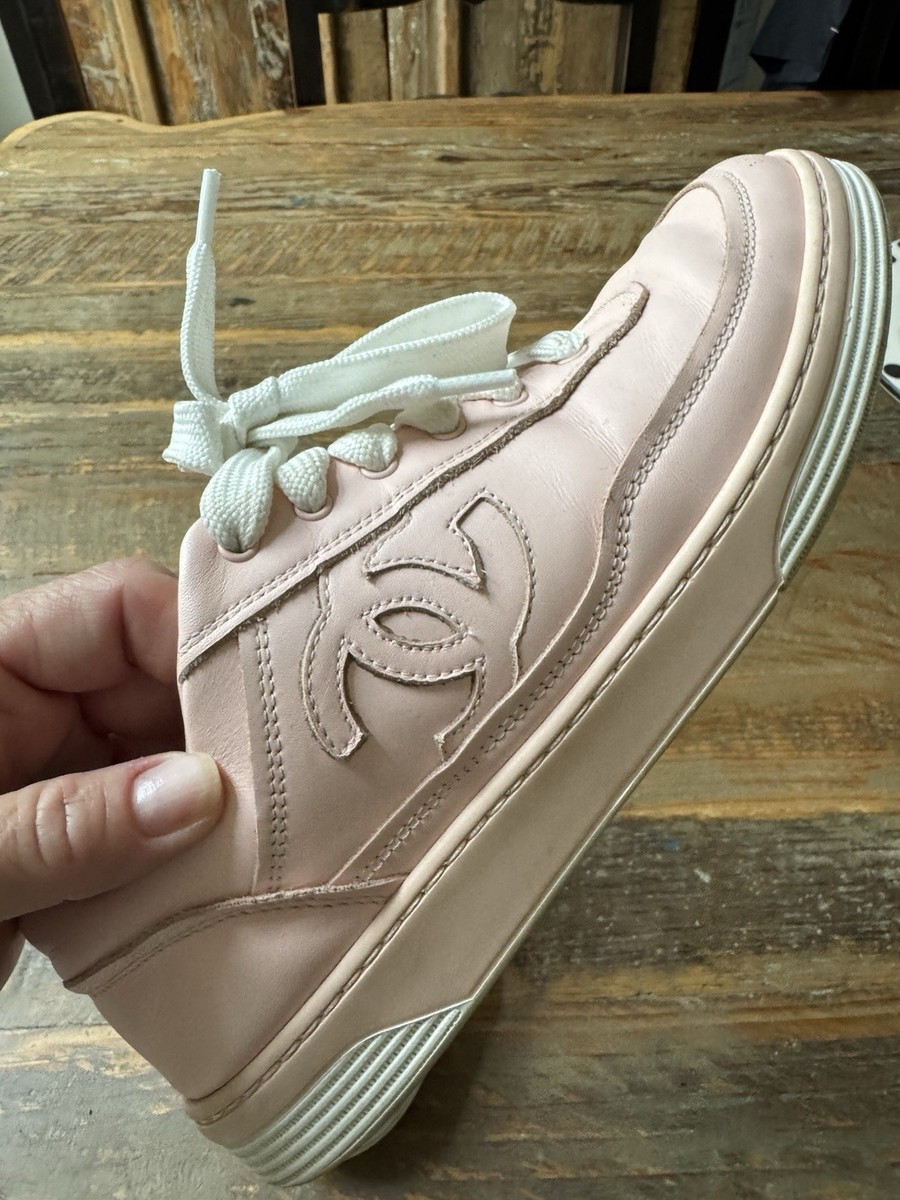 CHANEL Pink White Leather Low Top Lace Up Women's Sneakers Logo