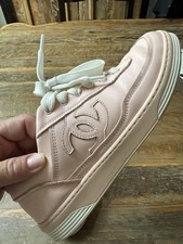 CHANEL Pink White Leather Low Top Lace Up Wom...