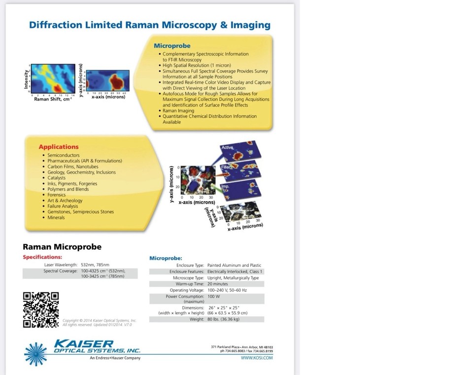 Raman spectrometer RFX1 785nm 450mw 100-3425 cm^-1 kaiser optical andor ...