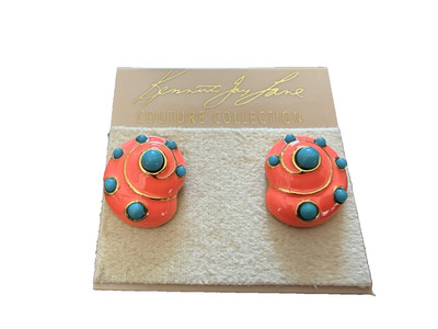 Kenneth Jay Lane gold coral turquoise dots snail shell earrings signed New