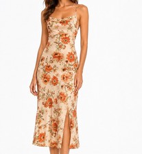 ASTR The Label Gaia Slip Dress Womens Large Orange Floral Satin Midi Strappy M