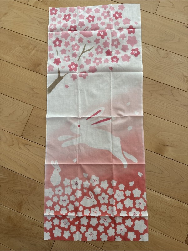 Japanese Cotton Tenugui Tapestry Hand Towel of Rabbit and Cherry Blossoms