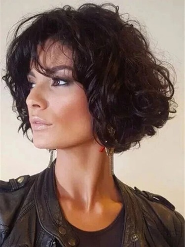 Parrucche sintetiche stile bob corte onde larghe colore marrone scuro parrucche naturali da donna UK - Foto 3 di 5