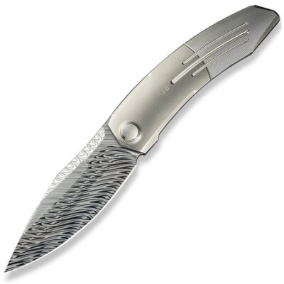 We Knife Sine Wave Linerlock Polished Titanium Folding Damasteel Knife 23069BDS1