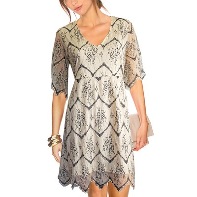 VILA Elegantes Romantisches Vintage Look Mesh Kleid Spitzenkleid Beige NEU Gr.44
