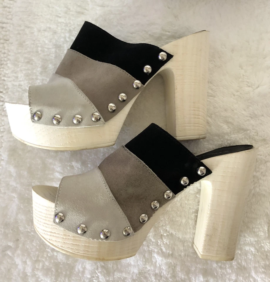 Charles David 麂皮绒黑色灰色镶嵌波西米亚节日高跟鞋 38 码 7.5 意大利 — 第 2/4 张图片