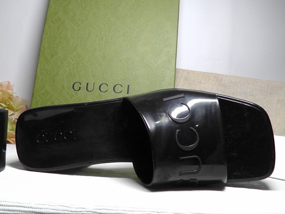 GUCCI BLACK Rubber Logo Platform Block Heel Slide Sandal