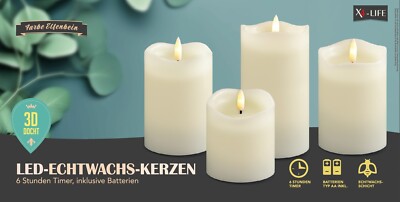 X4-LIFE 4er-Set LED-Echtwachskerzen mit 3D-Docht und Timerfunktion