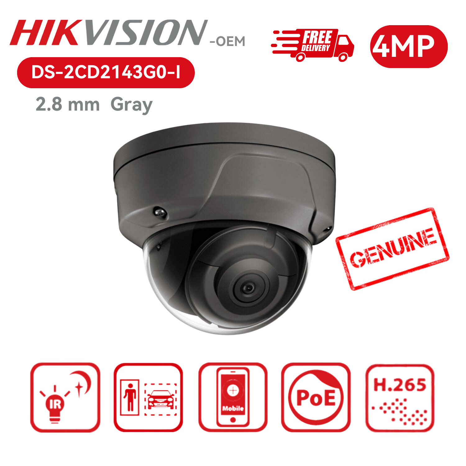 Hikvision OEM DS-2CD2143G0-I 4MP PoE IP Dome Network Mental Camera Gray 2.8MM