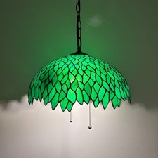 Tiffany Style Hanging Lighting Green Stained Glass Leaves LED Bulbs 75'H 16"W