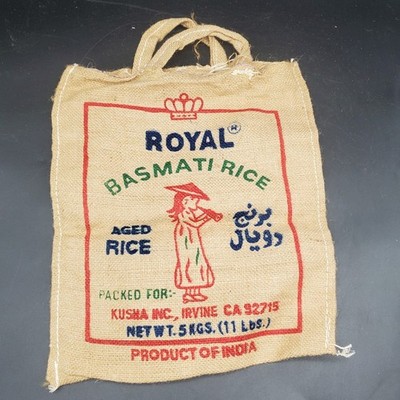 Vintage Royal Basmati Rice Burlap Sack Bag India Graphic Textile