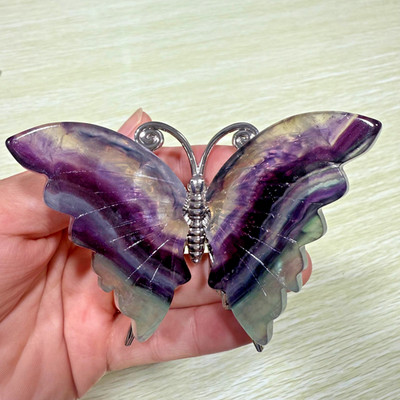 3.6'' Natural Colored fluorite Carved Butterfly Reiki Crystal Skull Decor gift1PC
